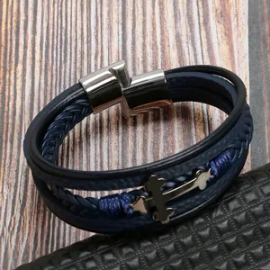 Men multi-layer leather braided bracelet stainless steel cross charm trendy wrist jewelry