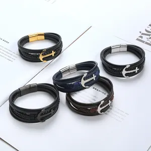 Men's multi-layer braided leather bracelet with stainless steel anchor charm and magnetic clasp.