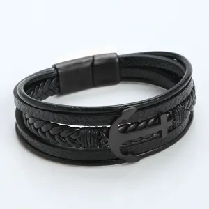 Men black leather bracelet multi layer braided rope metal anchor magnetic clasp style