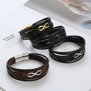 Detailed view of multi-layer braided leather magnetic bracelets with infinity metal charms.