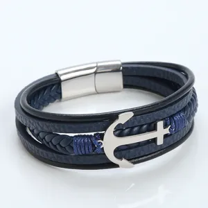 Multi-layer braided leather bracelet detail showcasing the metal anchor charm and clasp.