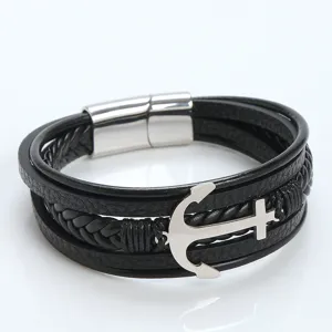 Men multi-layer black leather braided bracelet with metal anchor charm and magnetic clasp.