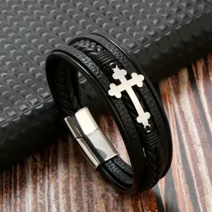 Stainless steel cross men's leather braided bracelet simple fashion wrist jewelry gift