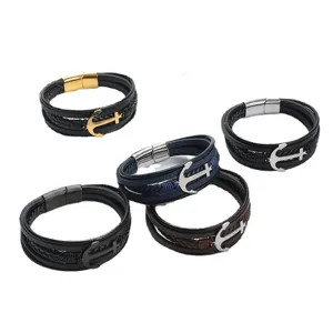 Men multi-layer braided leather bracelet with stainless steel anchor charm and magnetic clasp