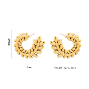 Gold stainless steel wheat leaf hoop earrings detail view, 20mm height, lightweight 8g daily.