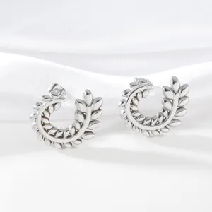 Silver stainless steel wheat leaf hoop earrings, elegant fashion luxury jewelry for women.