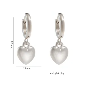 Silver stainless steel hoop earrings with heart pendant, 25mm length and 8g lightweight.