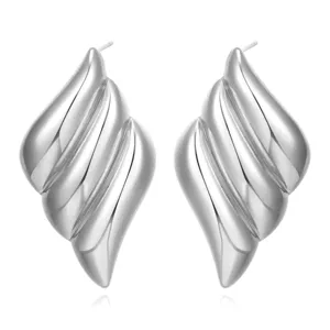 Stainless steel silver geometric layered wing earrings for women, stylish minimalist metal ear studs.