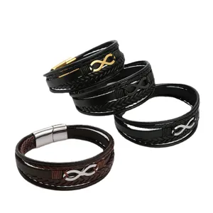 Men multi-layer braided leather bracelet with stainless steel magnetic clasp infinity charm.
