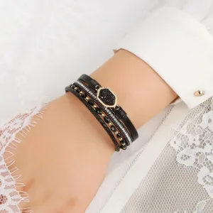 Mehrlagiges geflochtenes Lederarmband mit schwarzem Stein Strass Damen Modeschmuck