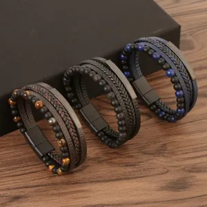Pulsera de Cuero Trenzado para Hombre Pulsera Envolvente de Cuentas de Piedra Natural Cierre de Aleación Joyería de Muñeca Casual Vintage