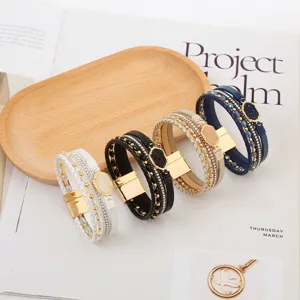 Europäische und Amerikanische Mode Mehrschichtig Geflochtenes Leder Armband Strass Perlen Magnetverschluss Handschmuck Für Damen