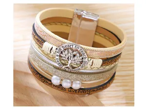 Boho πολυστρωματικό πλεγμένο γυναικείο βραχιόλι από δέρμα PU με μαγνητικό κούμπωμα.