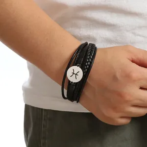 Men multi-layer leather bracelet with Pisces zodiac stainless steel charm, stylish wristband.