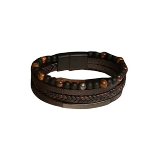 Pulsera para hombre multicapa de cuero trenzado obsidiana natural ojo de tigre metal