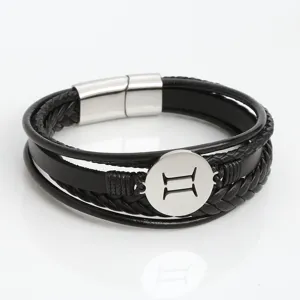 Men's multi-layer black leather bracelet with stainless steel magnetic clasp and zodiac charm.