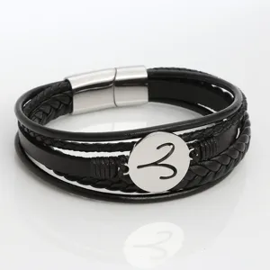 Men's multi-layer braided leather bracelet with stainless steel zodiac charm and magnetic clasp.