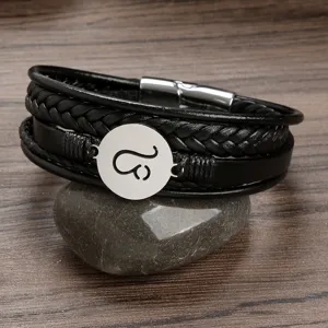 Details of the multi-layer leather braided men's bracelet featuring a stylish zodiac charm.