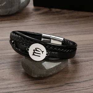Men black leather braided bracelet with stainless steel zodiac charm casual wristband jewelry