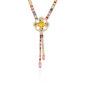 Elegante Collana Con Pendente Fiore Zircone Arcobaleno Lusso Placcato Oro Lunga Donna Gioielli