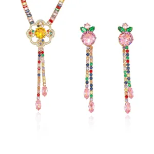 Set collana orecchini zirconi colorati, elegante ciondolo cristallo placcato oro moda