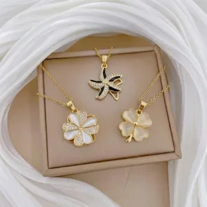 Minimalist Stainless Steel Four-Leaf Clover Rotating Pendant Necklace Women Rhinestone Flower Clavicle Chain Jewelry Gift