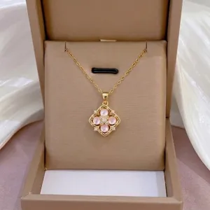 Stainless Steel Pink Four Leaf Clover Necklace Chic Zircon Pendant Gift For Women