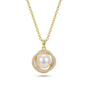Vergoldete Perlen Zirkonia Anhänger Halskette, elegante Damen Schlüsselbeinkette Schmuck.
