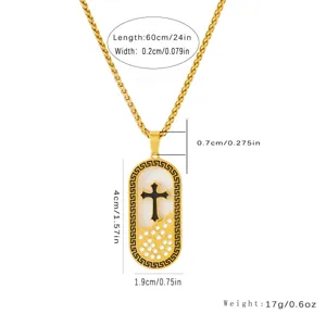 Gold cross pendant necklace with wheat chain, geometric Greek key border, stylish jewelry.