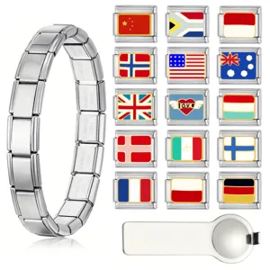 Stainless Steel Italian Charm Bracelet National Flag Pattern DIY Modular Linking Wristband Enamel Heart Love Element Interchangeable Jewelry Links For Unisex