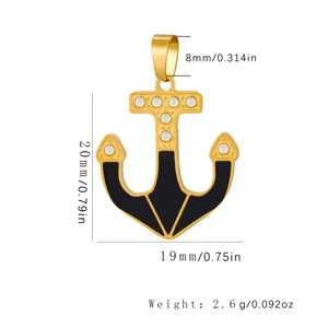 Gold stainless steel anchor pendant necklace with black enamel and sparkling clear rhinestones.