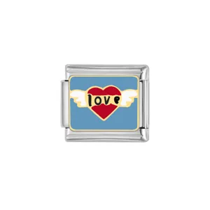 Stainless steel Italian modular charm bracelet link featuring a love heart with wings design.