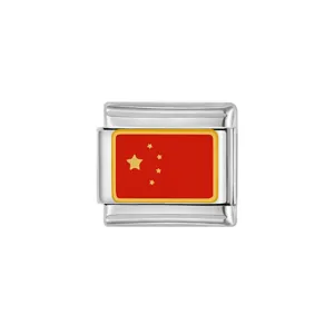 Stainless steel Italian charm bracelet link featuring China national flag design for DIY jewelry.