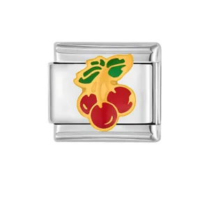 Stainless steel cherry charm detail view for Italian modular bracelet DIY jewelry making