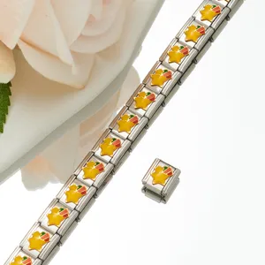 Stainless steel modular charm bracelet detail featuring yellow star enamel links for DIY design.