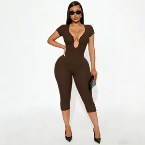 Women brown short sleeve deep u neck stretch casual 3/4 length jumpsuit romper outfit