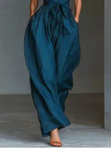 Women's Dark Teal Linen Wide Leg Jumpsuit Front Tie Casual Elegant Chic Fashion Apparel