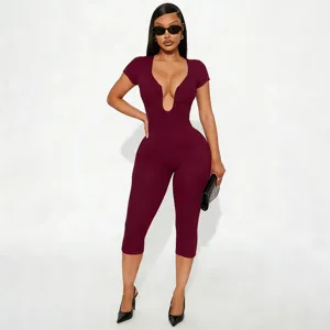 Women's solid color deep U-neck short sleeve stretchy capri jumpsuit casual outfit