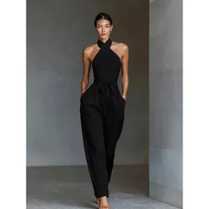 Women linen halter wide leg jumpsuit summer casual elegant black sleeveless one piece outfit