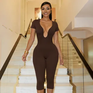 Women's Sexy Deep U-Neck Short Sleeve Solid Color Capri Jumpsuit Casual Slim Fit Romper