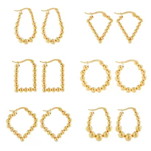 18K Gold Plated Beaded Stainless Steel Hoop Earrings Geometric Round Heart Triangle Rectangle Drop Earrings Jewelry For Women