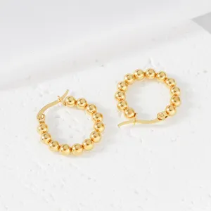 Gold beaded hoop earrings for women, stylish stainless steel ear loop jewelry main view.