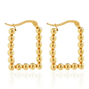 Gold plated stainless steel beaded rectangular hoop earrings for women fashion jewelry.