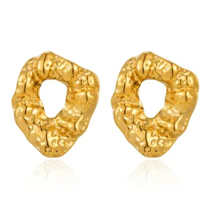 Gold irregular molten texture metal stud earrings for women, unique niche fashion jewelry.
