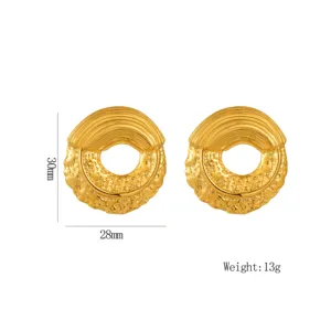 Gold textured chunky dome earrings, 30x28mm statement fashion ear jewelry for women.
