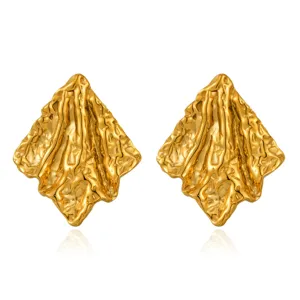 Gold textured diamond stud earrings, irregular molten metal design, modern fashion jewelry piece.