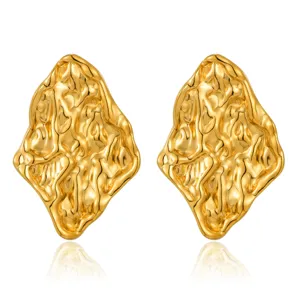 Gold irregular melted texture statement stud earrings for women and men, chic metal jewelry.