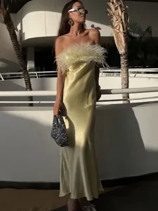Sexy feather spliced satin strapless maxi dress for women elegant evening party summer wear