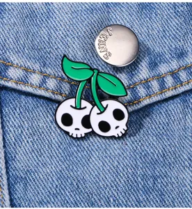 Skull cherry enamel pin punk style clothing brooch detail accessory badge metal fashion