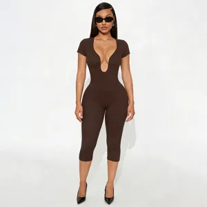 Women brown cap sleeve low U neck stretch capri jumpsuit, solid color slim fit detail view.
